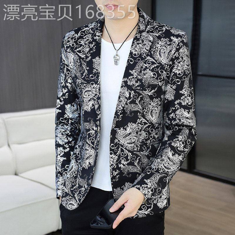 潮牌欧美烫金小西装男春季薄款西服韩版修身外套男士英伦休闲西装