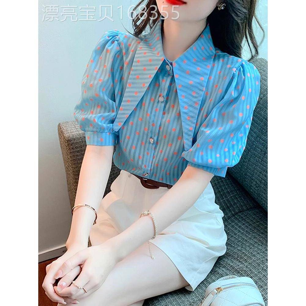 蓝色雪纺衬衫女2025新款夏季尖领高级感轻奢减龄洋气泡泡袖上衣女