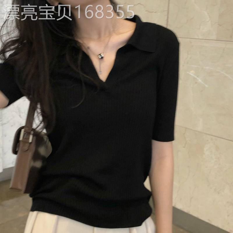 黑色V领正肩短袖针织T恤女夏季薄款减龄大尺码胖mm修身显瘦半袖上
