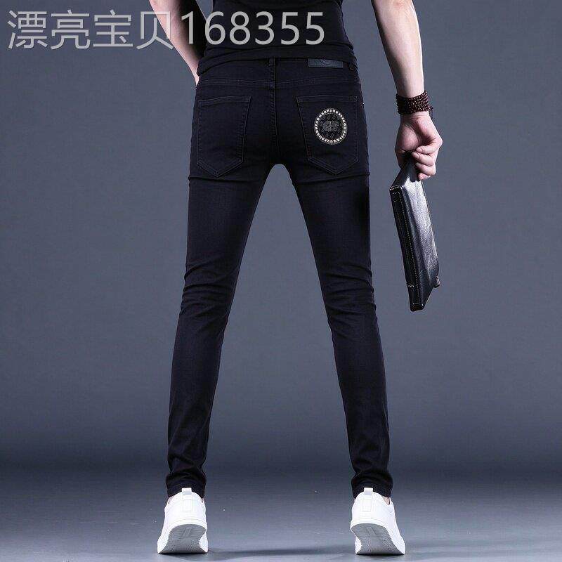 香港秋冬轻奢黑色牛仔裤男修身小脚九分裤弹力长裤加绒中腰显瘦