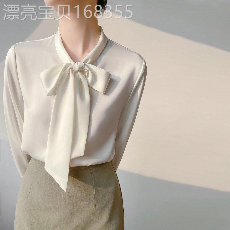 缎面衬衫女春秋季通勤职业显瘦时尚气质蝴蝶结飘带叠穿衬衫上衣潮