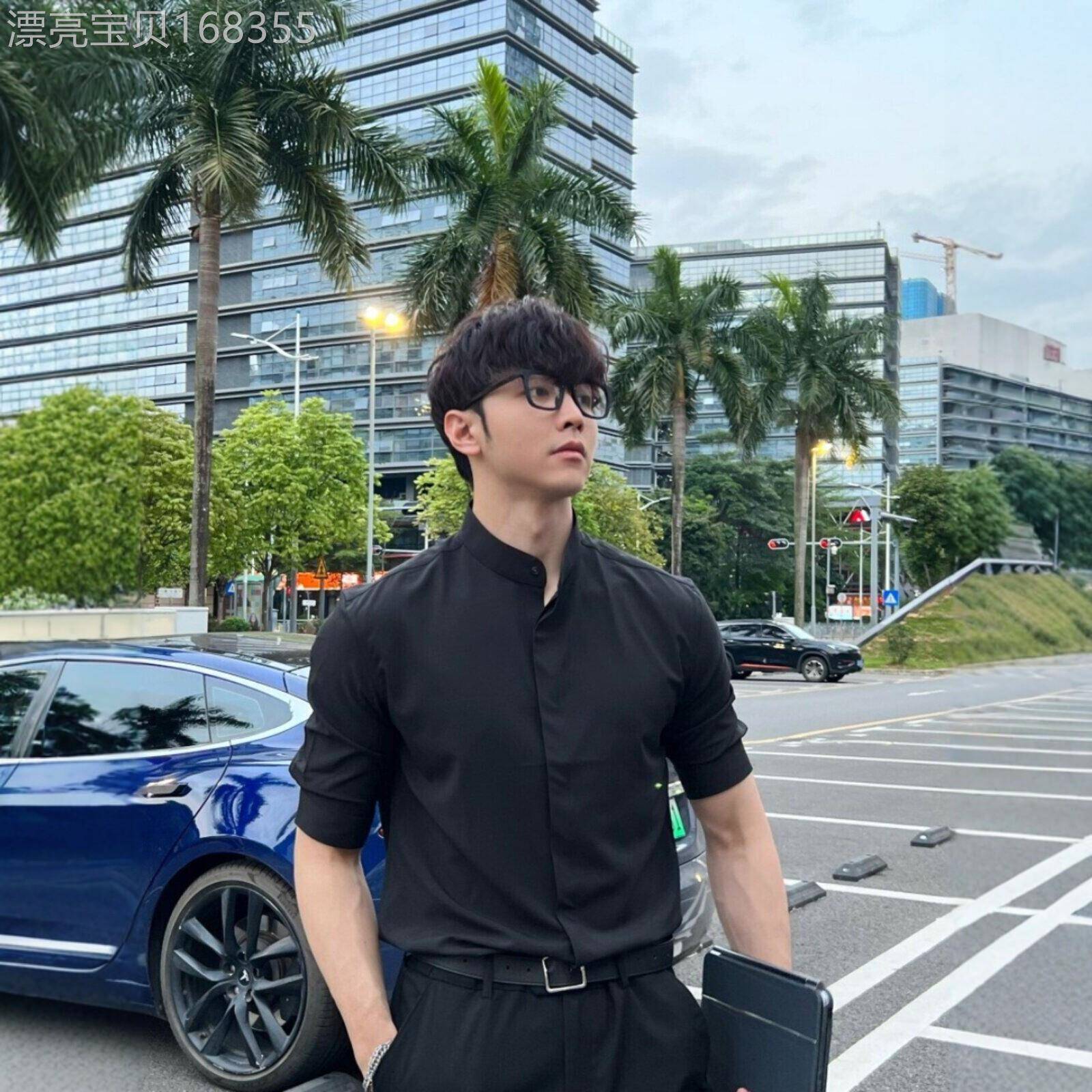 LL男装2026夏季薄款短袖衬衫男潮流高级感英伦雅痞修身五分袖衬衫