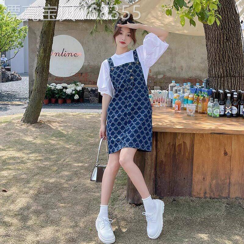印花牛仔抱婴袋套装裙女夏季2026年新款减龄漂亮小个子两件式洋装图片