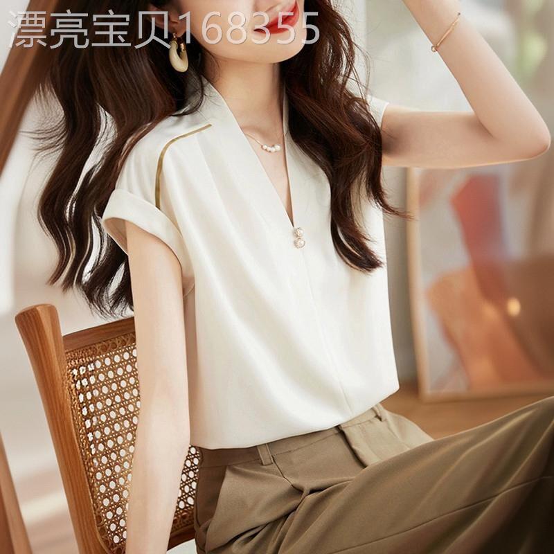 洋气V领丝滑雪纺衫女夏季高级感宽松百搭气质短袖设计感飞袖衬衫