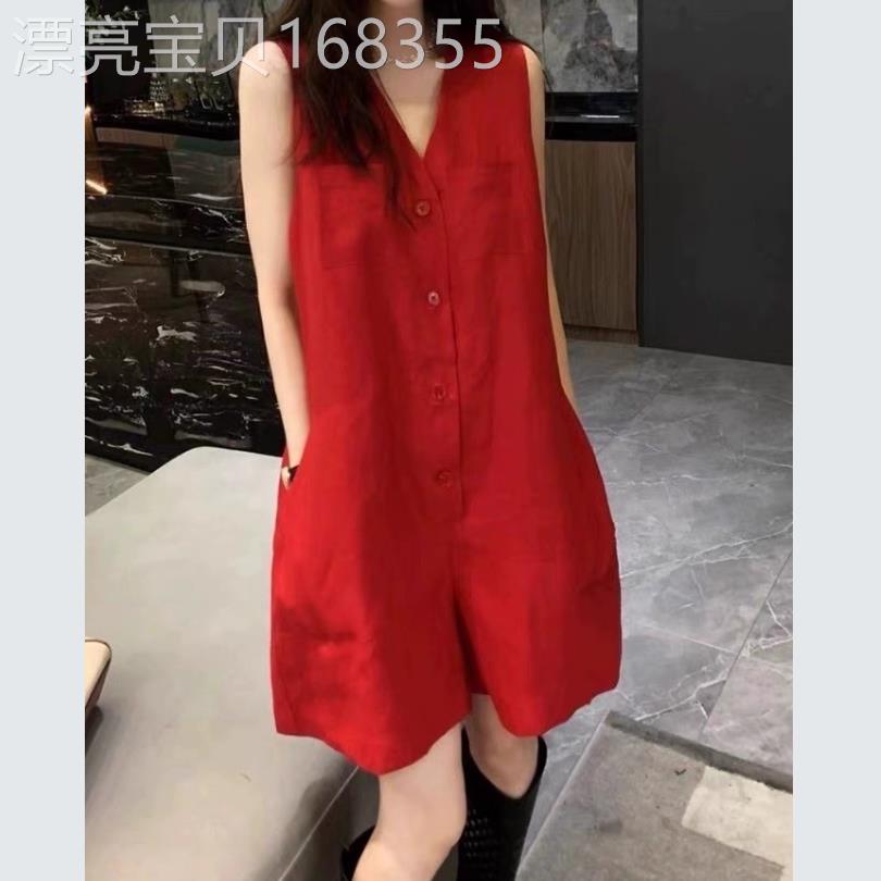 香港it代购韩国宽松棉麻红色吊带裙阔腿短裤抱婴袋连身裤裙女夏