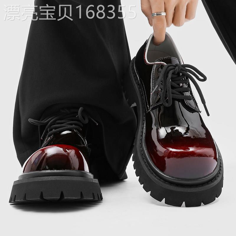【高品质】米奇德比鞋男款漆皮亮面厚底增高大头鞋红色休闲皮鞋潮