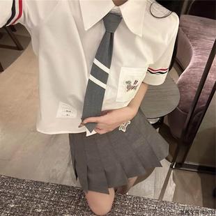 新款 學(xué)院風(fēng)百搭韓版 襯衫 白色短款 上衣 女23夏季 tb織帶狗狗領(lǐng)帶短袖