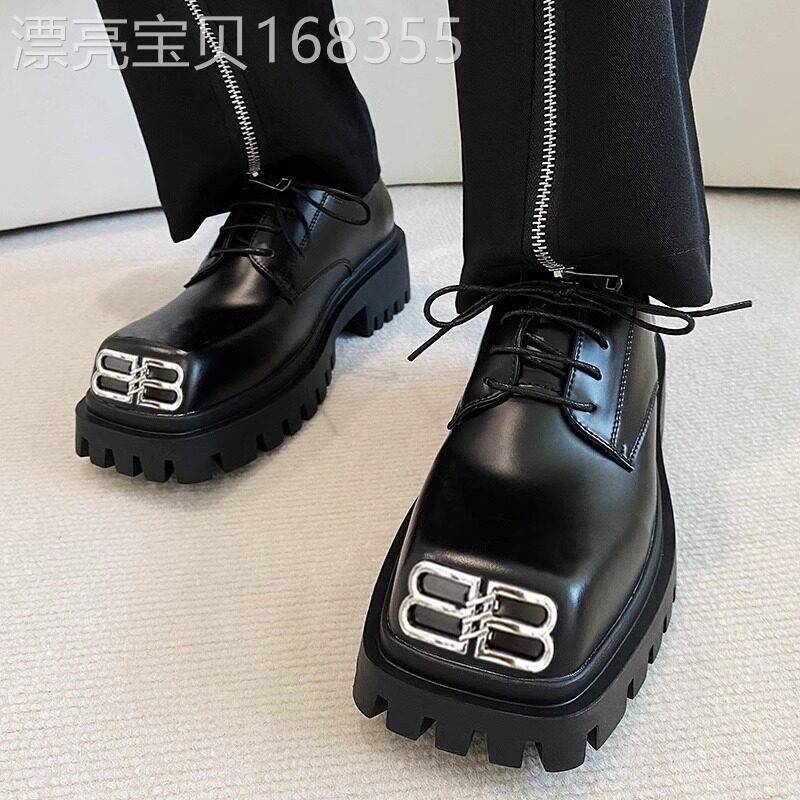 【高品质】巴黎方头休闲皮鞋男鞋厚底增高德比鞋英伦风黑色真皮潮