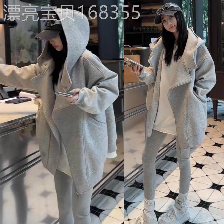 香港it代购韩国秋冬慵懒风宽松连帽机车夹克服卫衣开衫风衣外套女