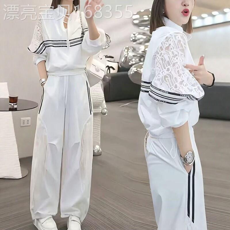 韩版时尚休闲运动套装2026女夏季显瘦拼接蕾丝短外套直筒裤两件套
