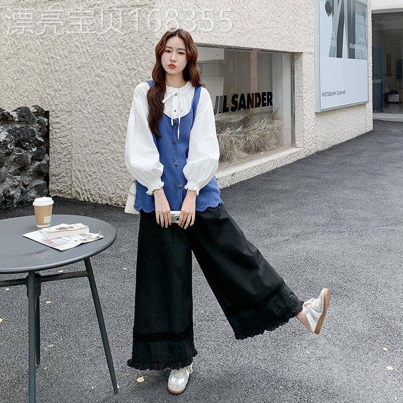 韩系chic针织吊带阔腿裤套装女2025秋季长袖衬衫慵懒松弛感三件套