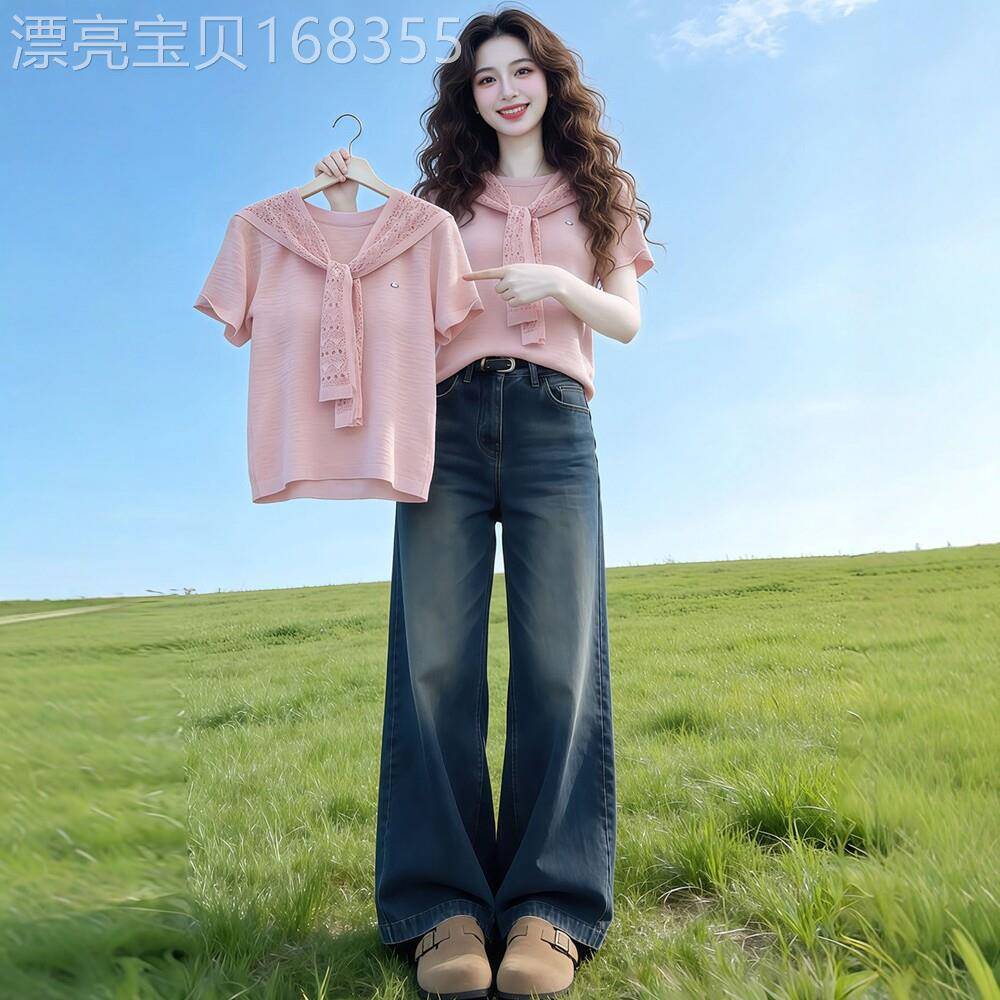 日系披肩叠穿圆领短袖T恤女夏季新款独特漂亮巨好看正肩短款上衣