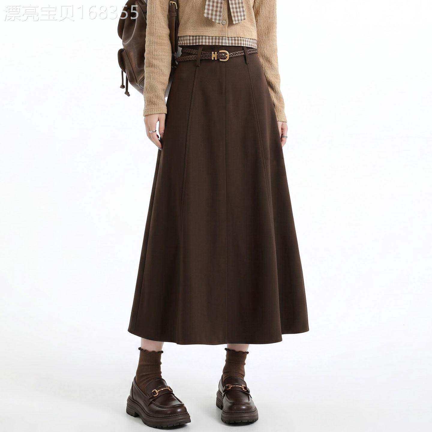 咖色加厚毛呢半身裙女2026年秋冬季新款高腰显瘦a字垂感中长伞裙