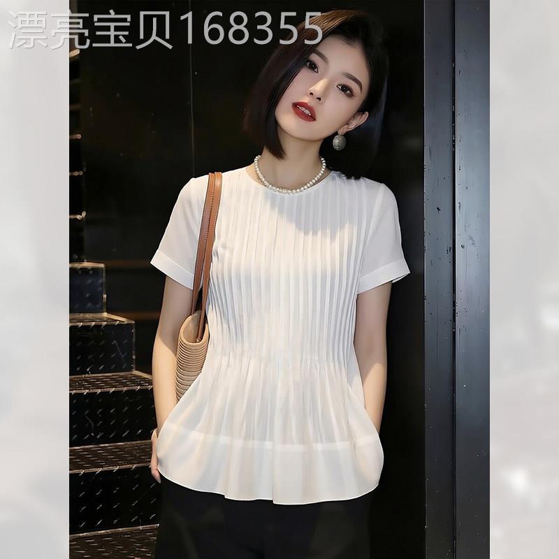 洋派雪纺短袖衬衫女夏季2026年新款白色通勤小衬衫衣压褶显瘦上衣