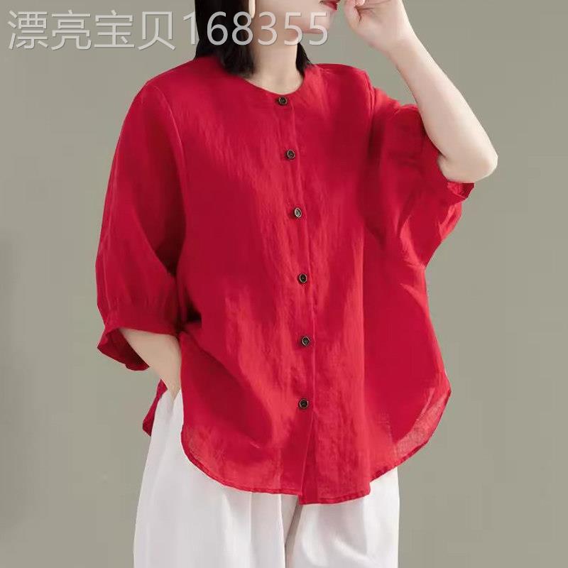 大码宽松气质亚麻衬衫女夏季新款休闲显瘦灯笼袖衬衣薄款棉麻上衣