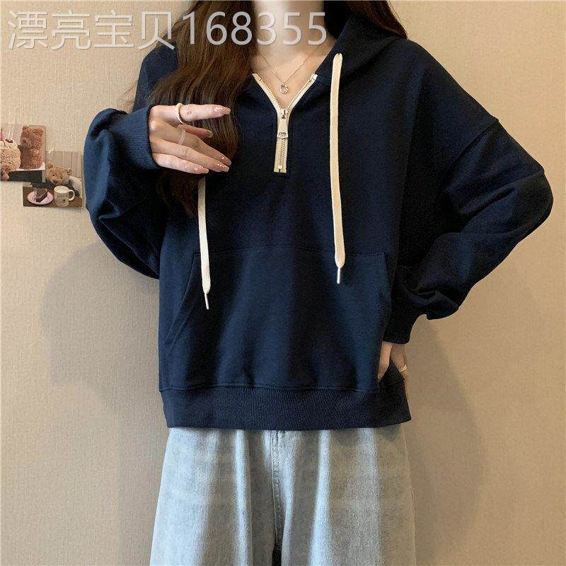 小众设计感纯色半拉链长袖连帽卫衣秋冬2026新款大码女装短款帽衫