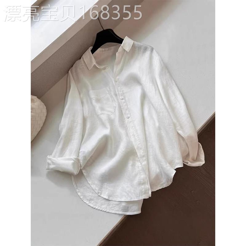 白色POLO领棉麻衬衫女夏季欧货时尚百搭气质长袖宽松通勤防晒上衣