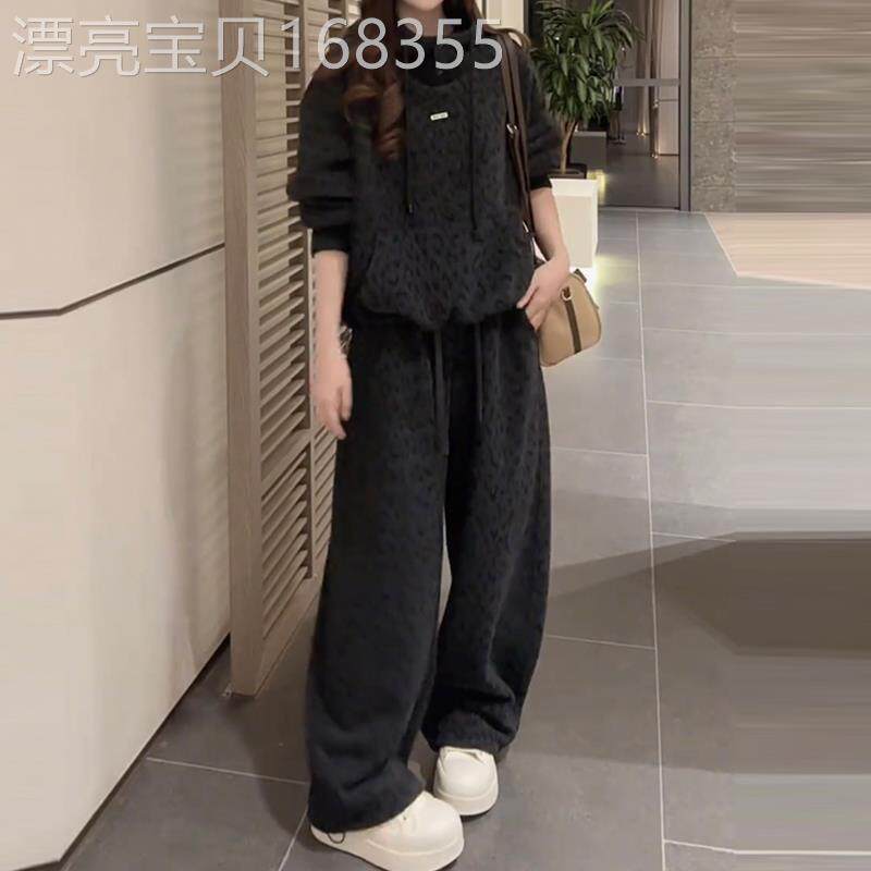 潮牌韩系连帽时尚套装女2026秋冬新款卫衣松紧腰直筒裤休闲两件套