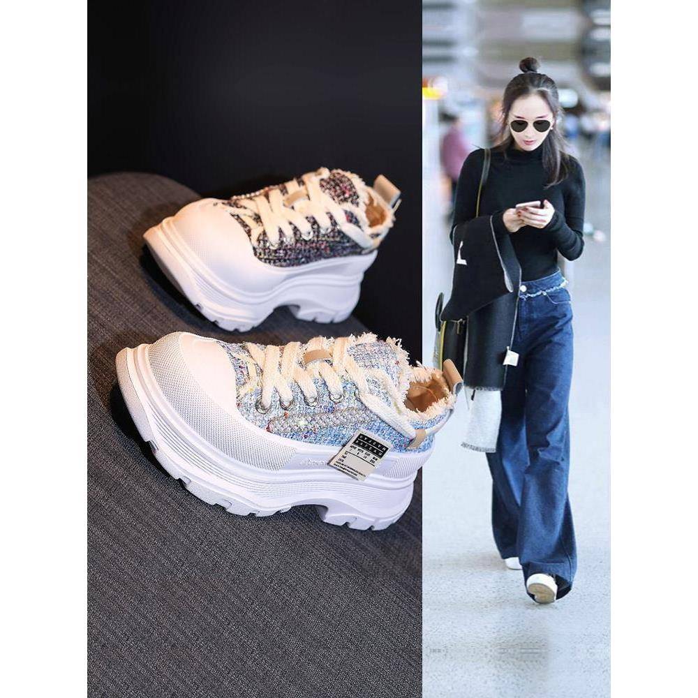 潮牌厚底帆布鞋女2025秋季新款增高松糕底小白鞋老爹鞋轻便休闲鞋