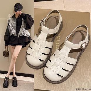 女2025年夏季 法式 真皮罗马凉鞋 新款 小众白色编织平底鞋 包头猪笼鞋