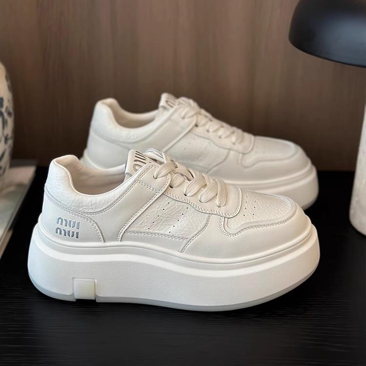 韩国厚底牛皮小白鞋女鞋2025新款运动休闲鞋增高系带轻便系带板鞋