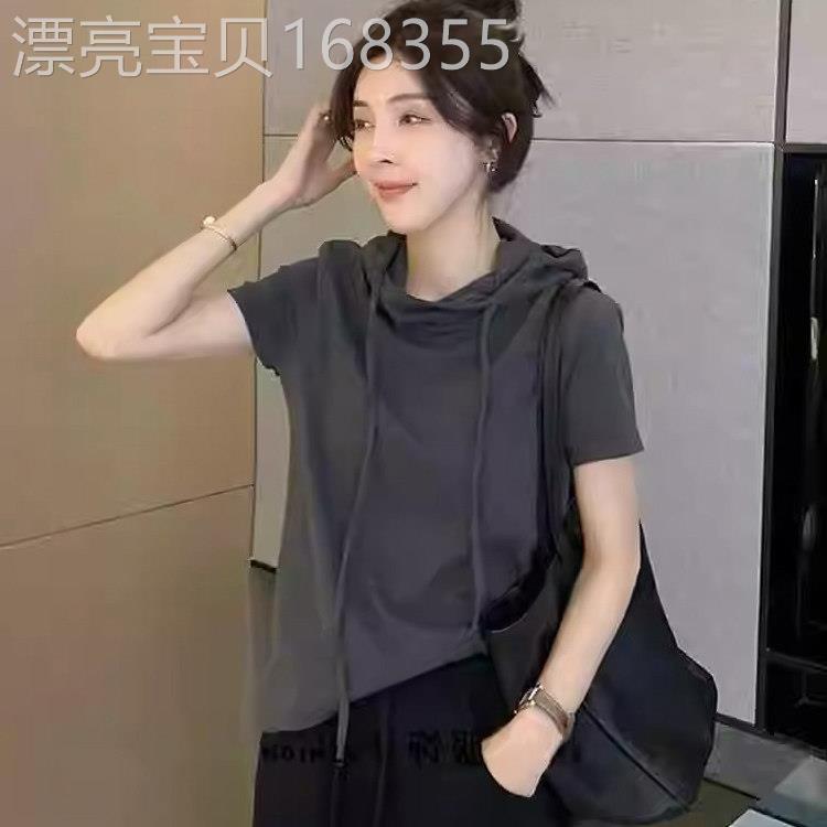 连帽短袖t恤女夏季薄款2026新款宽松显瘦时尚洋气正肩半袖上衣