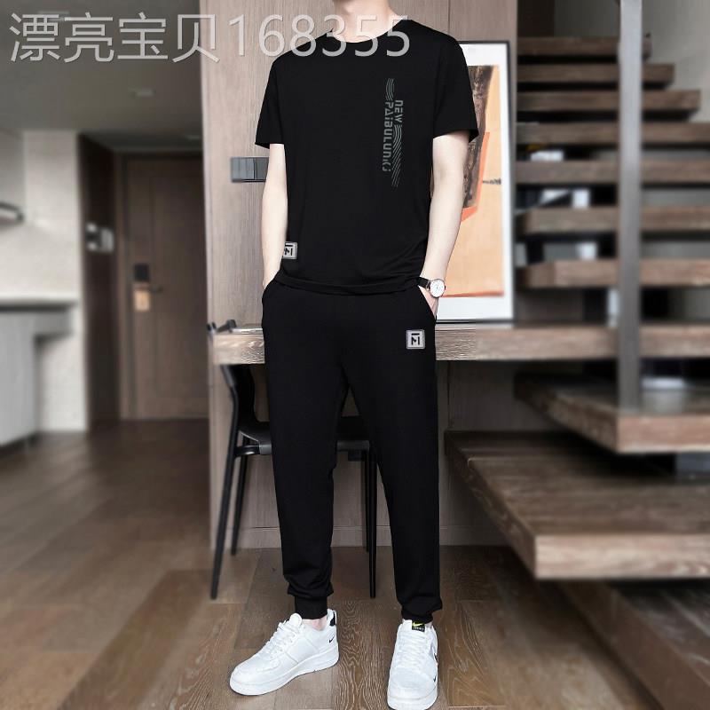 冰丝圆领运动套装男夏季透气薄款休闲两件套时尚印花短袖T恤长裤