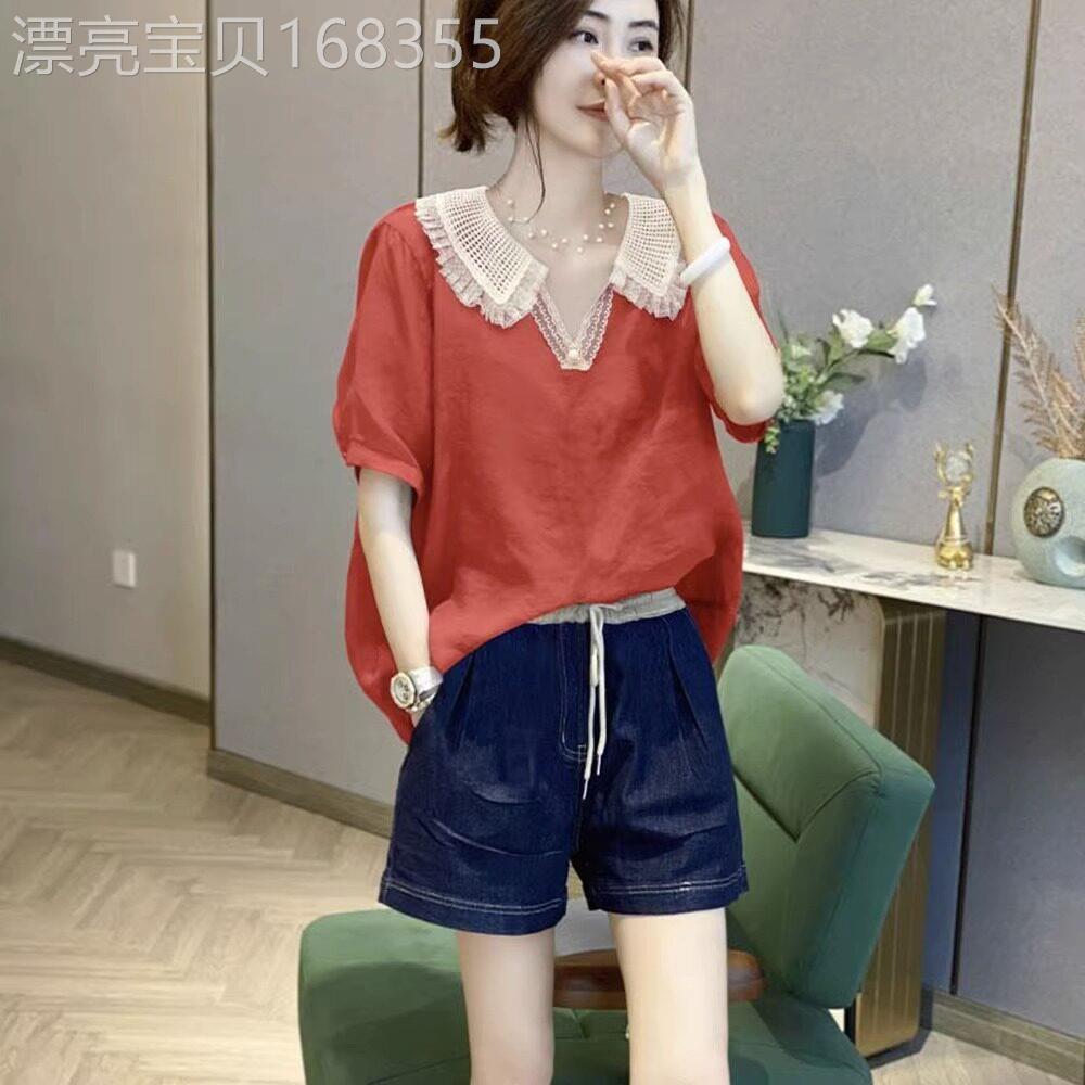 短袖衬衫女夏季薄款2025年新款设计感小众娃娃领拼接蕾丝小衫上衣