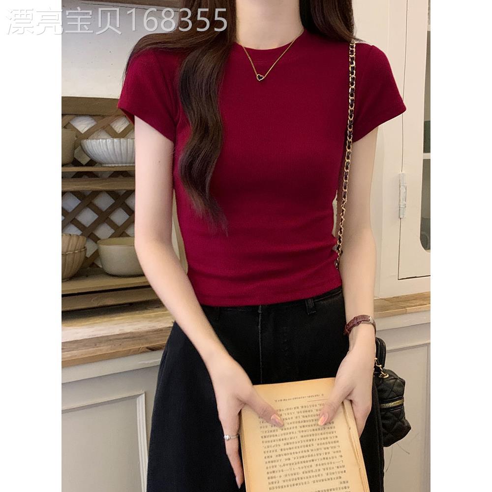 酒红色复古短袖t恤女短款2025夏季新款法式修身正肩甜辣妹上衣潮