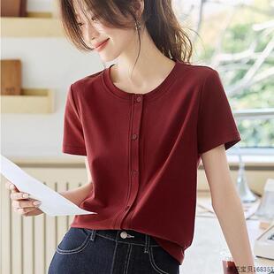 圆领简约红色短袖 休闲百搭轻薄设计感小众上衣 T恤女2025夏季 新款
