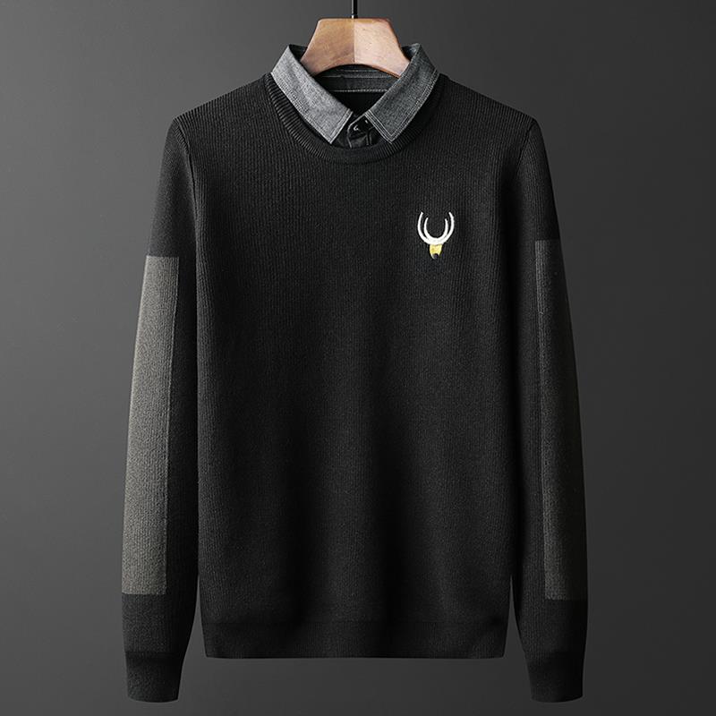 香港专柜秋冬新款男士假两件毛衣潮男带领针织个性刺绣休闲打底衫