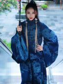 民族风改良汉服 新中式 锦秀儿原创龙纹提花牛仔中式 立领开襟喇叭袖