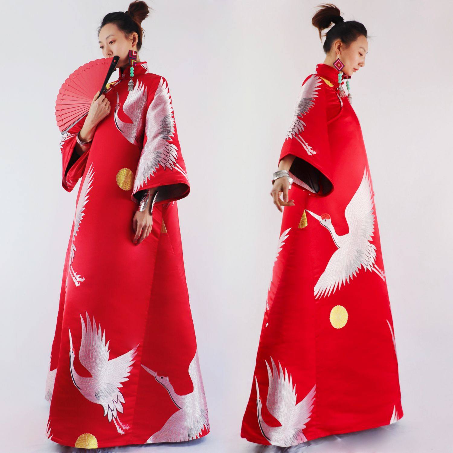 锦秀儿原创定制红色仙鹤立体织锦喇叭袖民族风改良旗袍连衣裙袍子