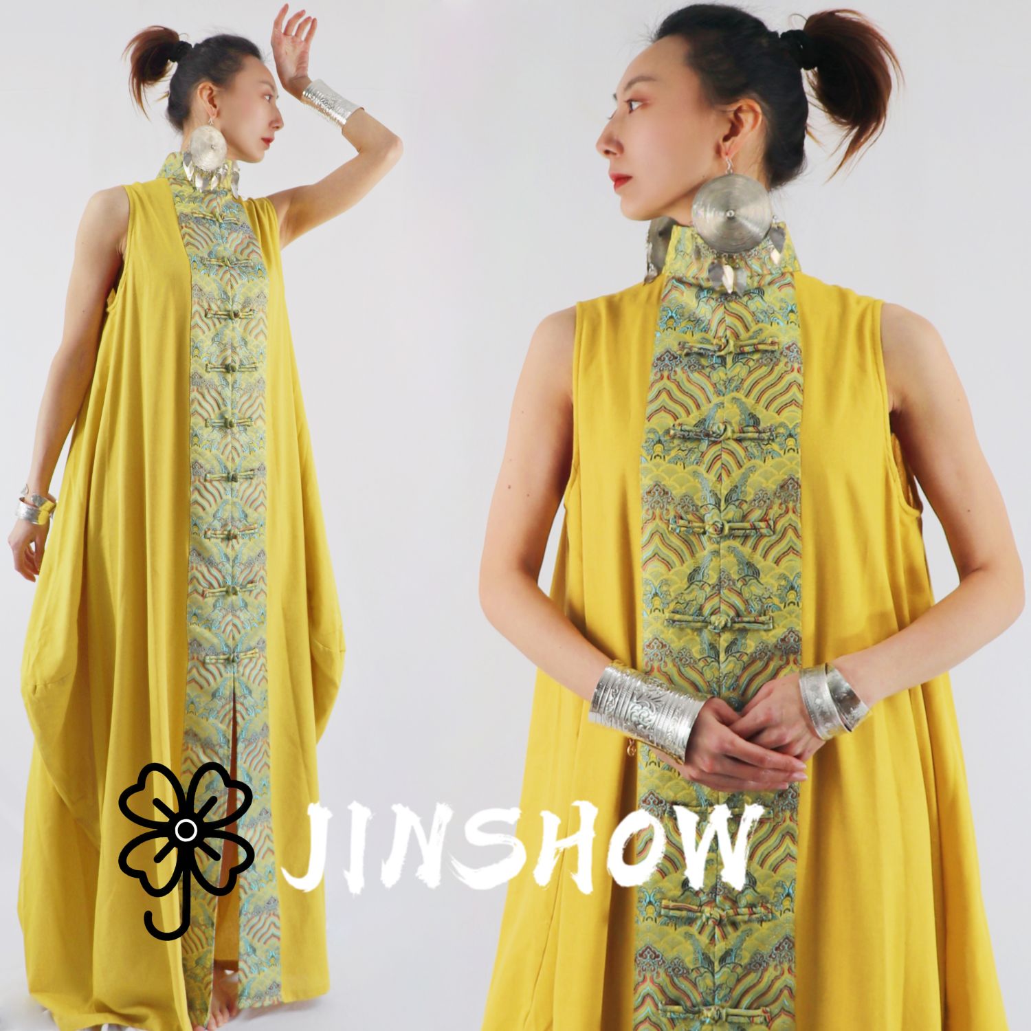 锦秀儿原创黄色拼接海水纹前后盘扣立领茧型民族风棉麻无袖连衣裙