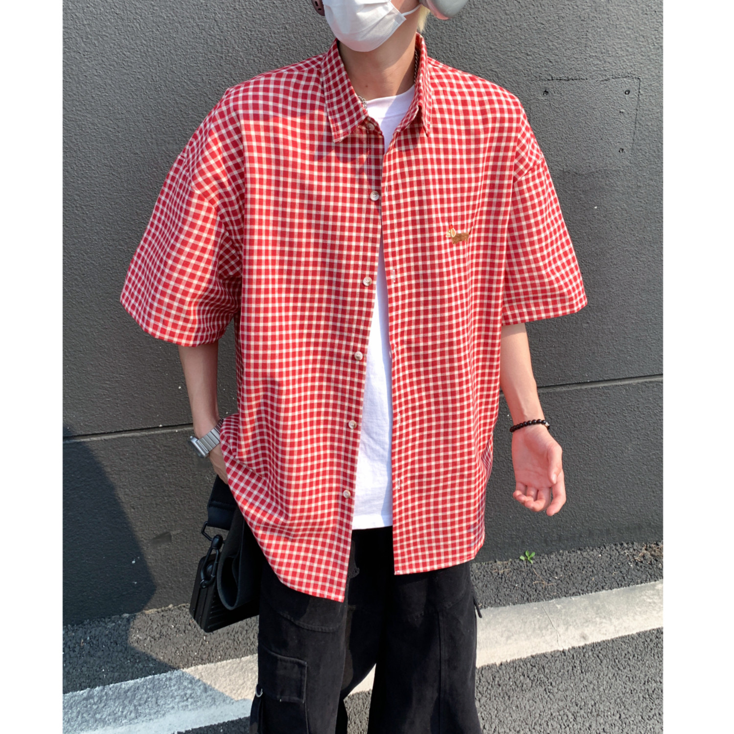 夏季宽松格子男女情侣短袖衬衫C5591P48,男装衬衫,电商A433
