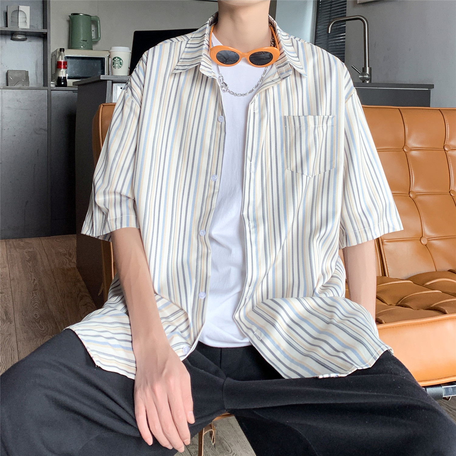 美式复古条纹衬衫男春夏季潮牌薄款凉感宽松cleanfit长袖衬衣外套,男装T恤,电商A433