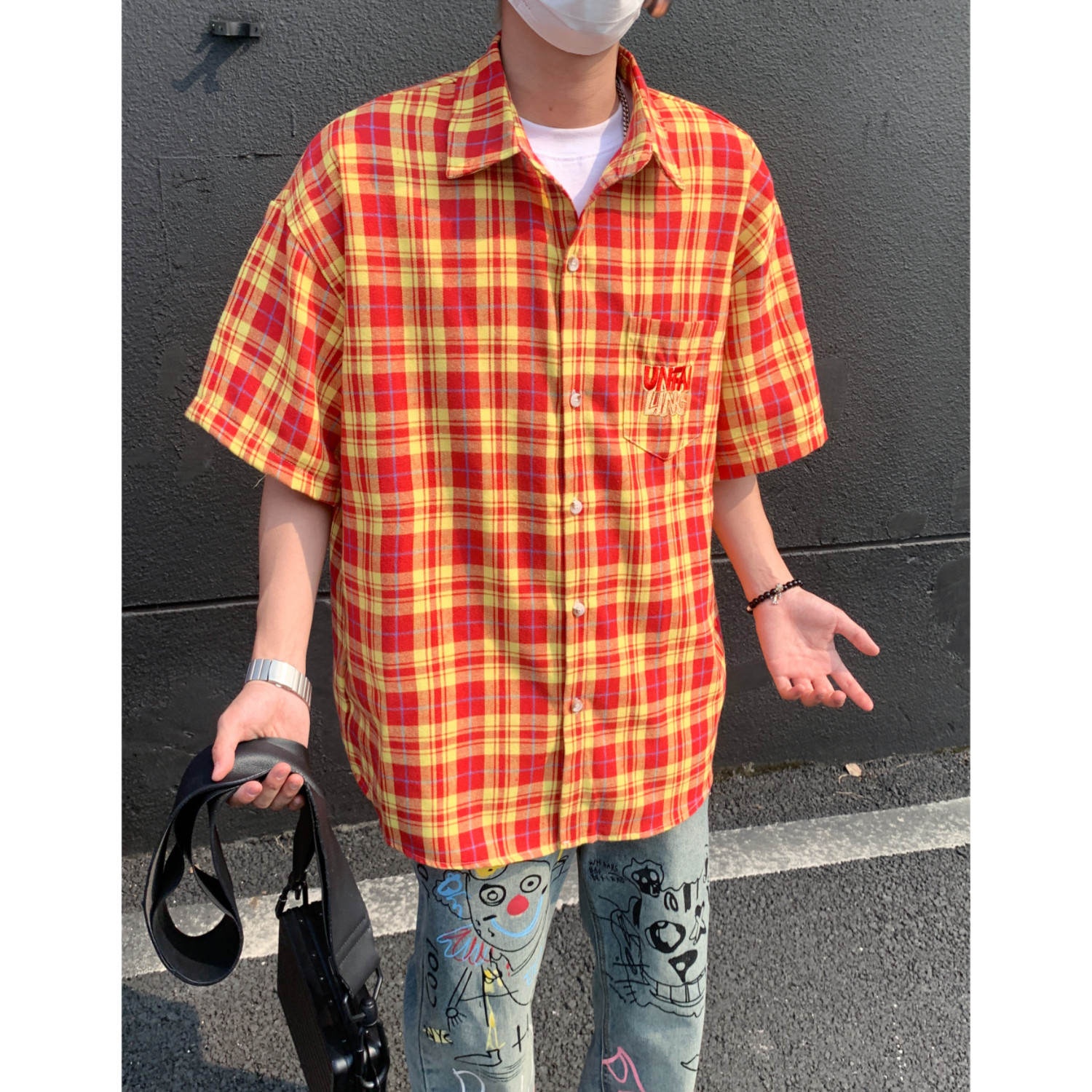 夏季格子男女短袖宽松衬衫C5596P48,男装T恤,电商A433