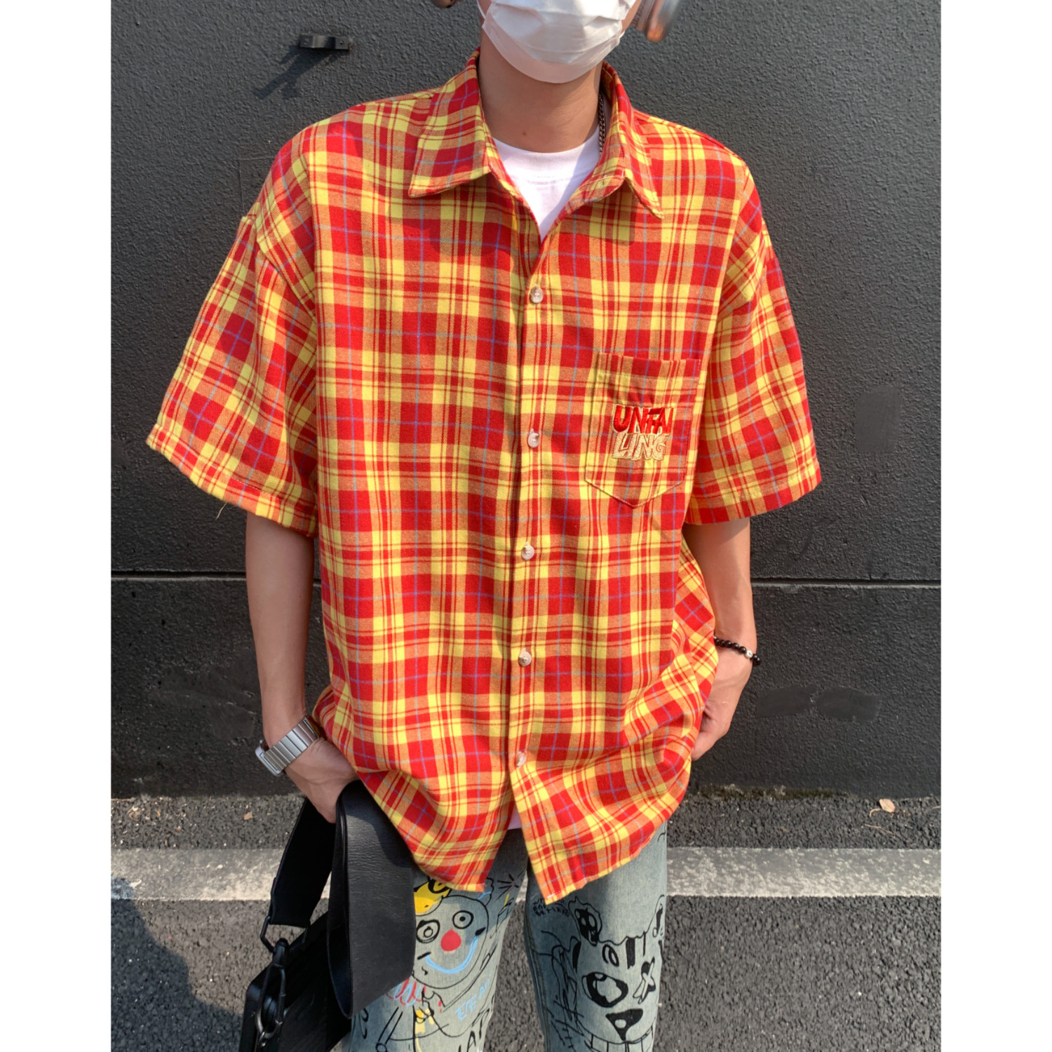 夏季格子男女短袖宽松衬衫C5596P48,男装T恤,电商A433