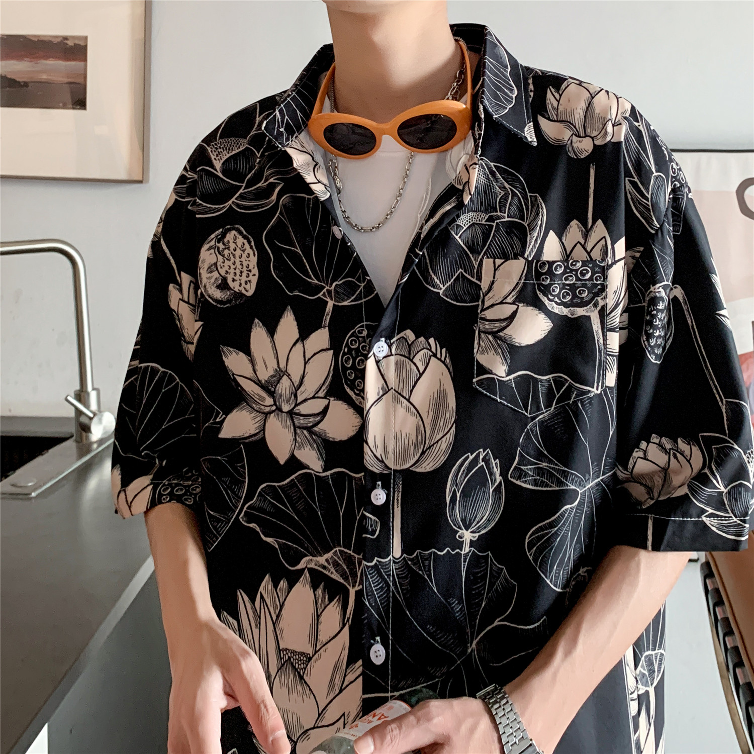 港风夏季男女薄款短袖花衬衫C4062P40,男装衬衫,电商A433