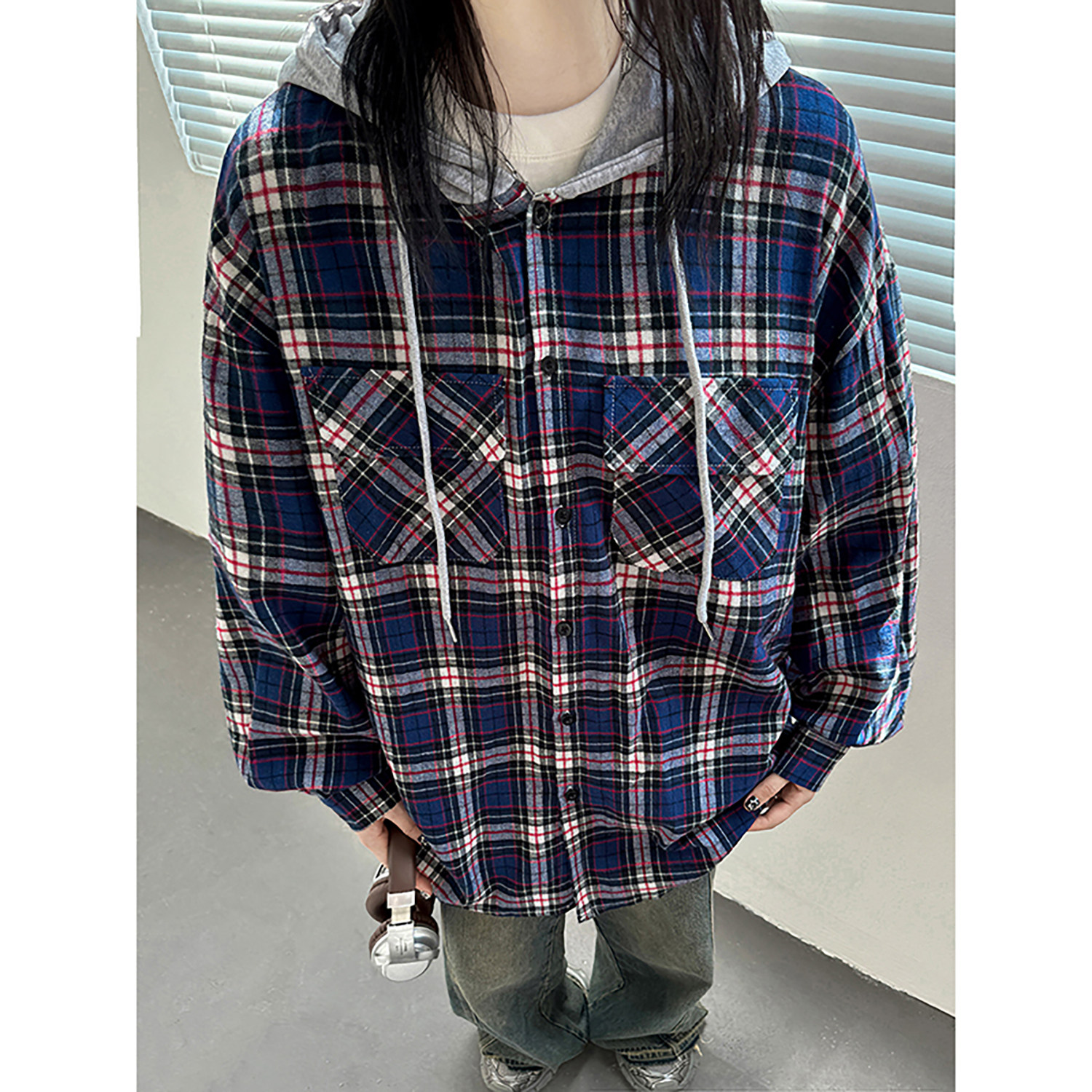 秋季复古男女宽松格子连帽刺绣宽松中性风夹克外套C5811P78,男装夹克,电商A433