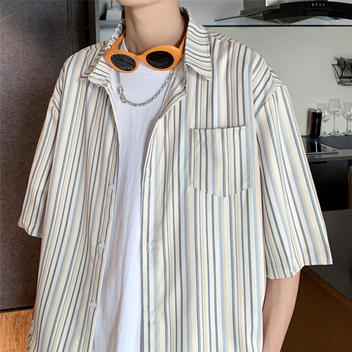 港风夏季蓝色条纹男女宽松情侣短袖衬衫C988P40,男装衬衫,电商A433