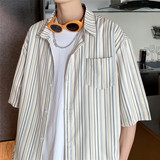 港风夏季蓝色条纹男女宽松情侣短袖衬衫C988P40，男装衬衫，电商A433