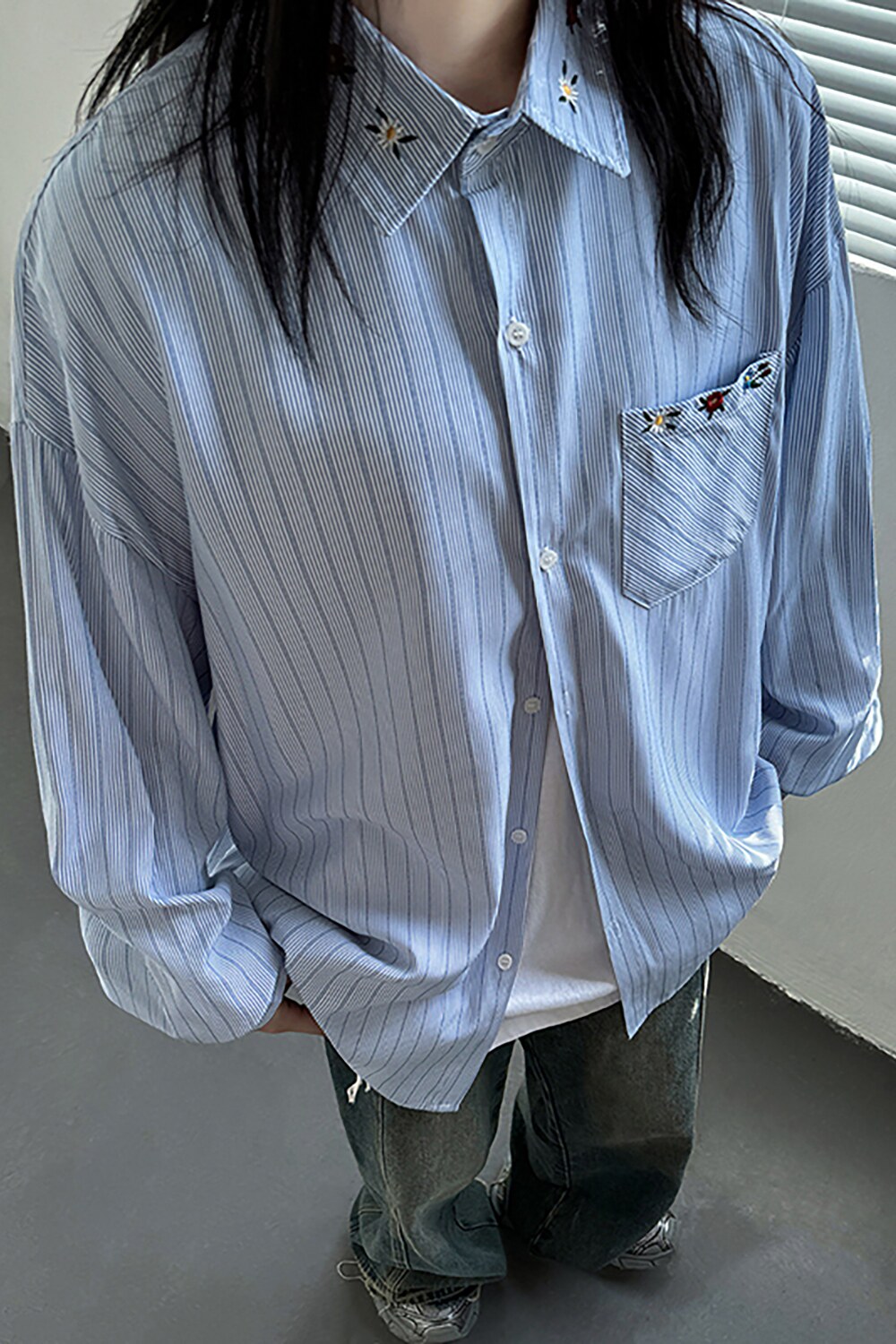 秋季刺绣男女宽松条纹长袖情侣上衣衬衫C5966P68,男装衬衫,电商A433