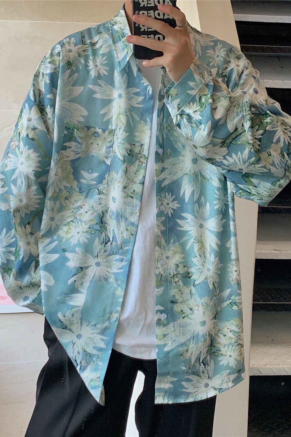 港风秋冬长袖宽松清爽印花男女情侣衬衫C139P50,男装衬衫,电商A433