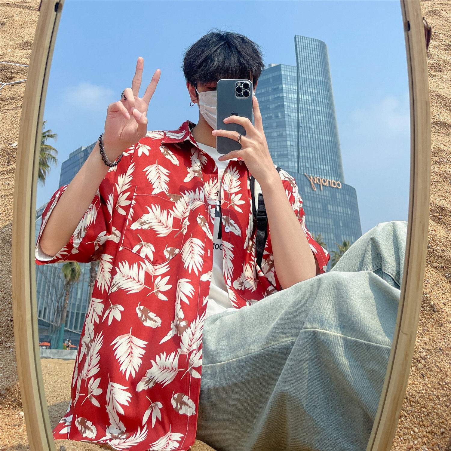 合集夏季沙滩旅游红色男女宽松薄款情侣短袖衬衫C1019P40,男装衬衫,电商A433