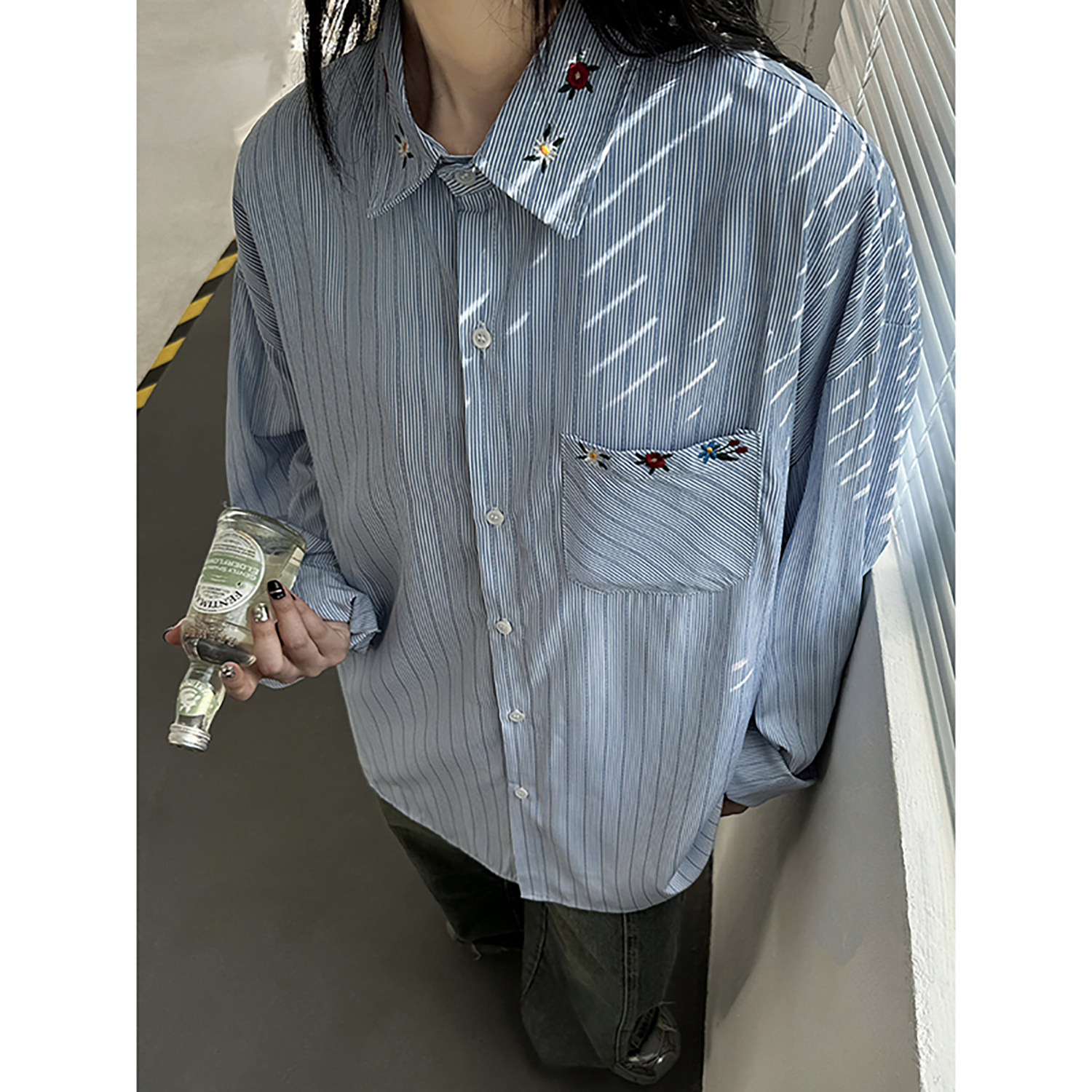 秋季刺绣男女宽松条纹长袖情侣上衣衬衫C5966P68,男装衬衫,电商A433