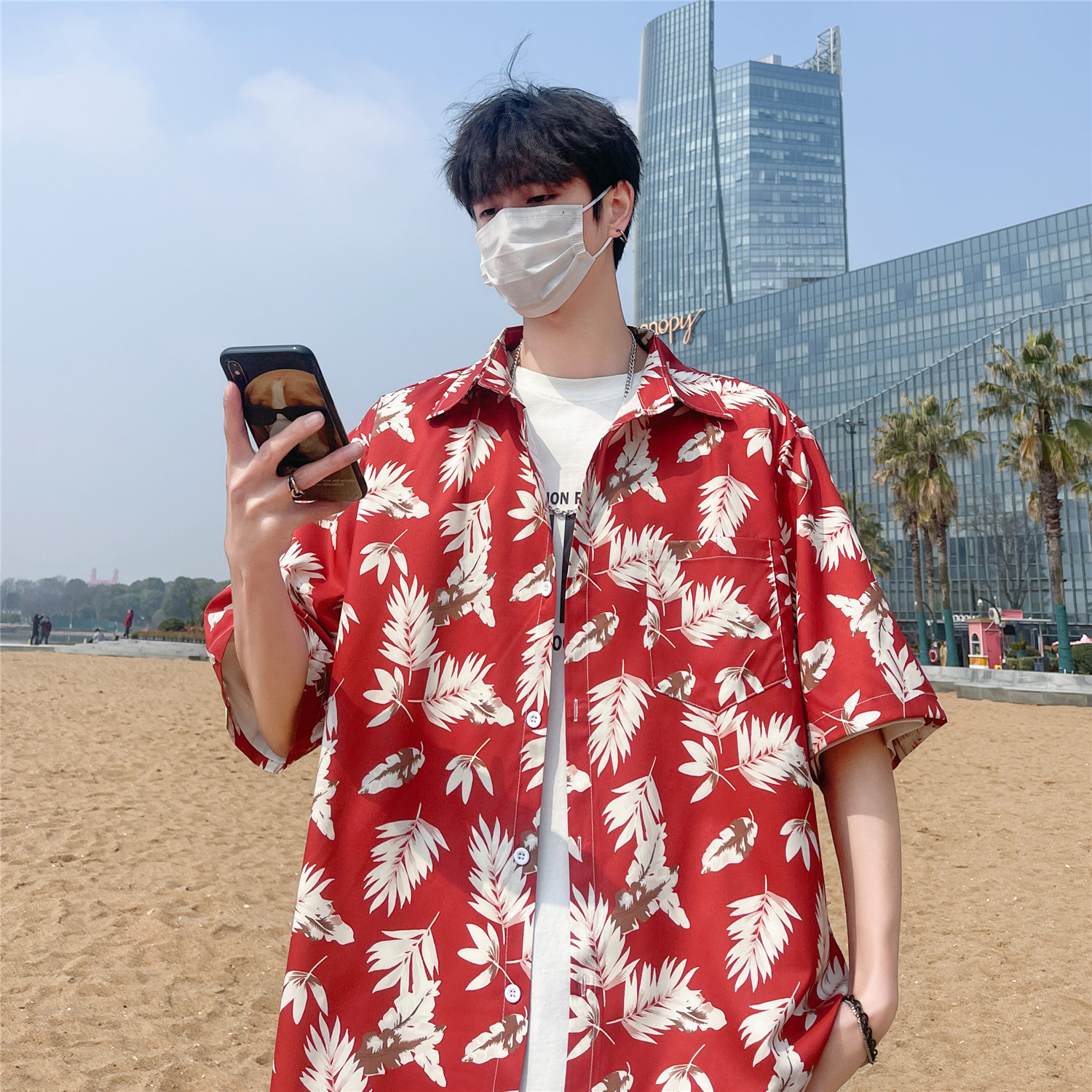 港风夏天24清爽配色男女宽松防晒薄款冰丝情侣短袖衬衫C1006P40,男装防晒衣,电商A433