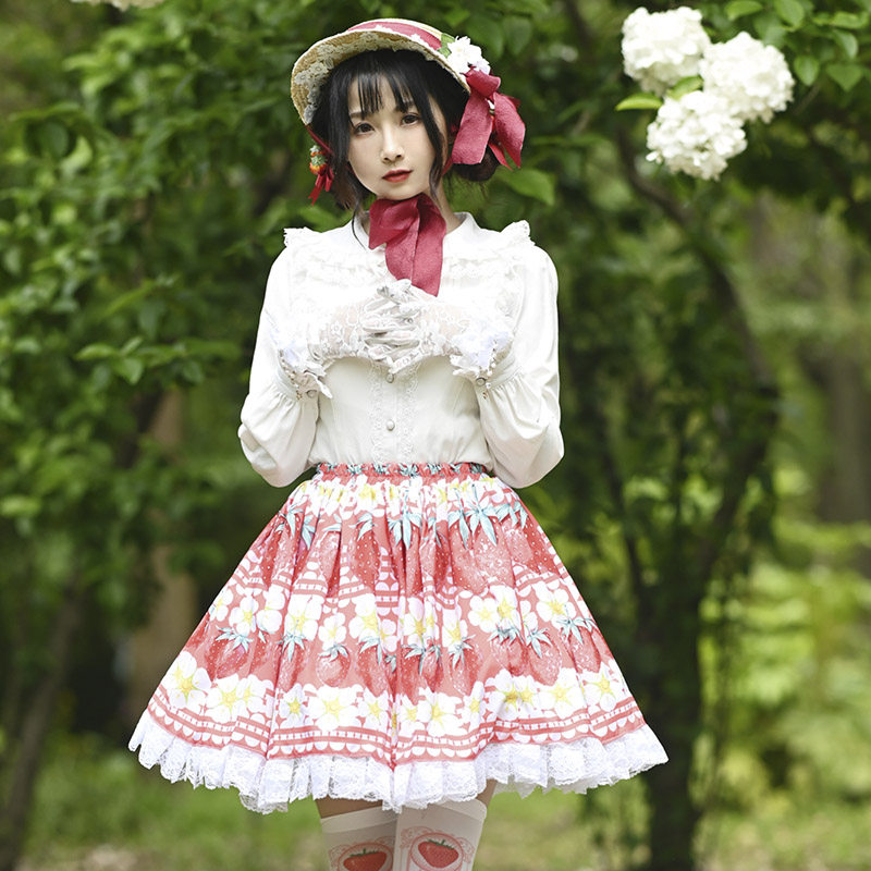 公主草莓印花公主裙短裙甜美伞型