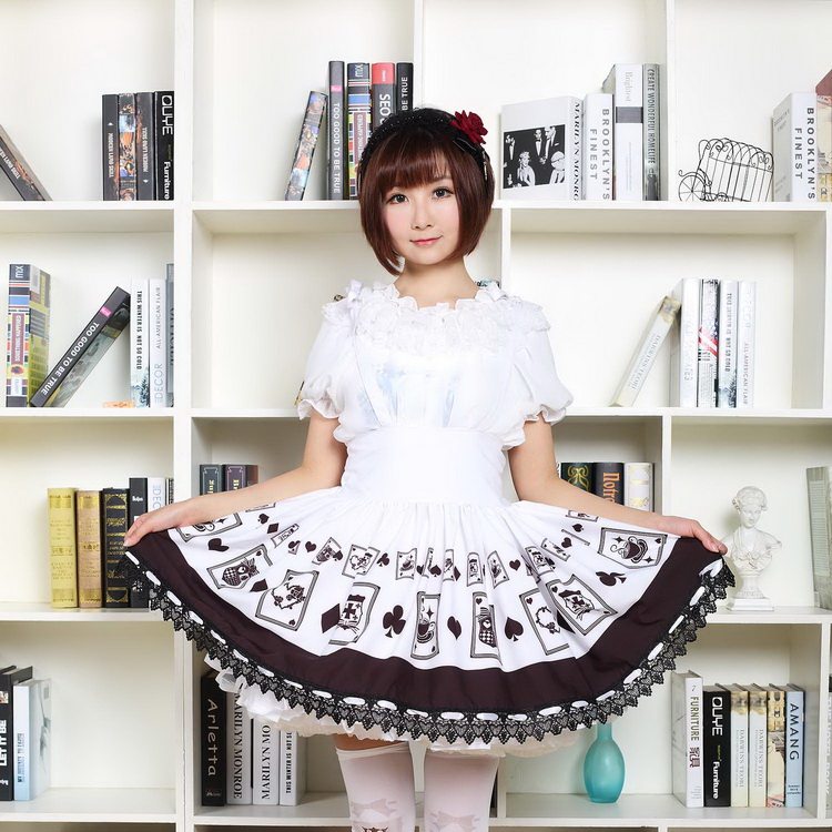 原创高腰日系朋克扑克牌背带lolita百褶洛丽塔蕾丝日系半身裙短裙