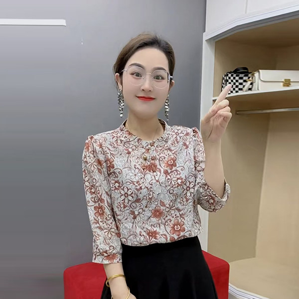 夏季新款时尚碎花女装七分袖上衣服显瘦减龄衬衫宽松百搭花色小衫